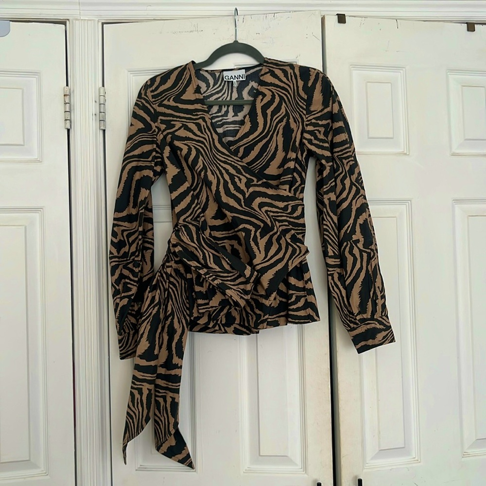 Ganni animal print wrap top